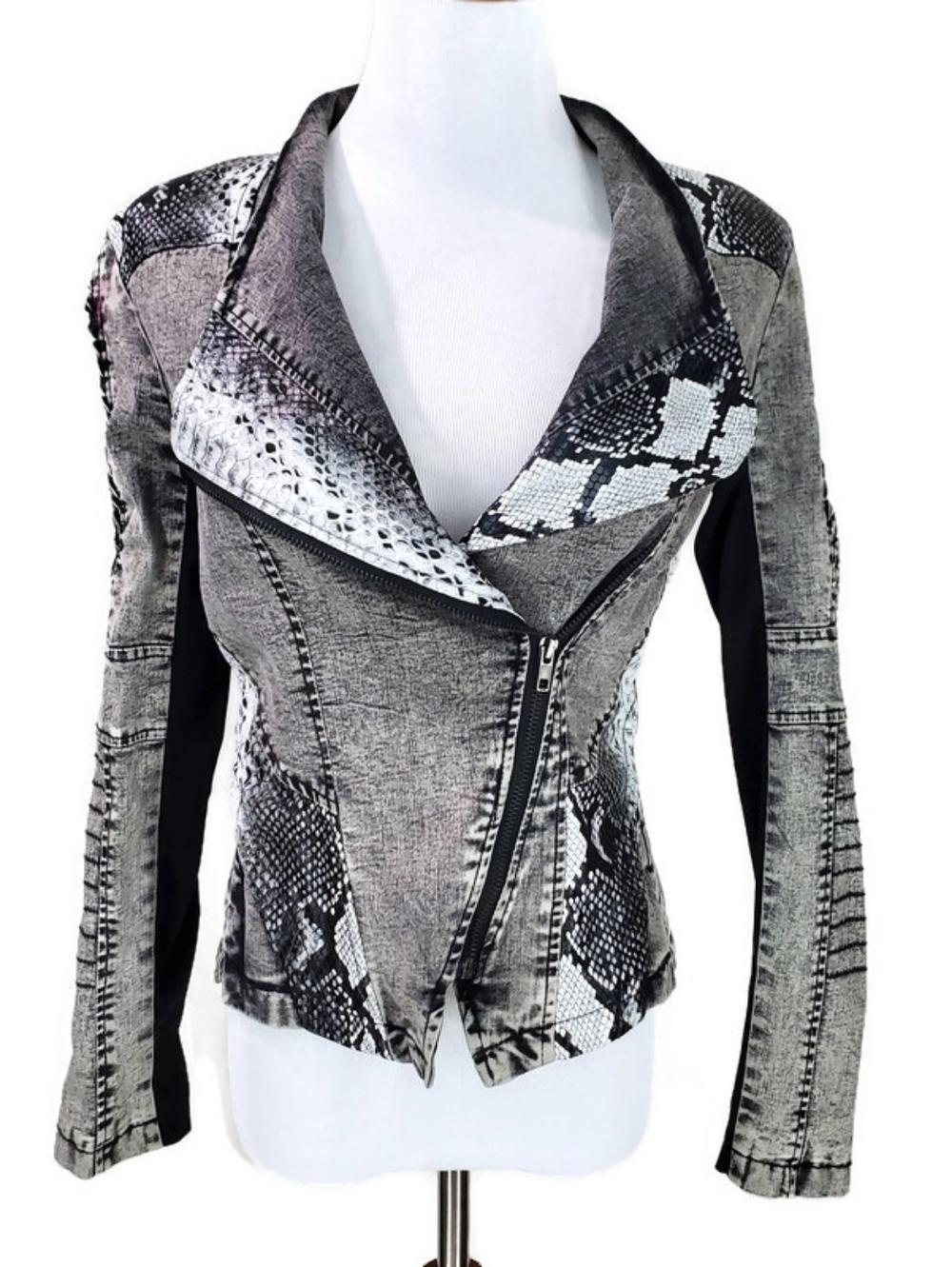 NWT COMME USA Denim and Snake print Jacket Moto Biker Jean Jacket Size Small